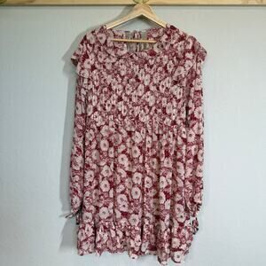 Women's Free People Red and Cream‎ Floral Botanical Long Sleeve Dress Sz M NEW